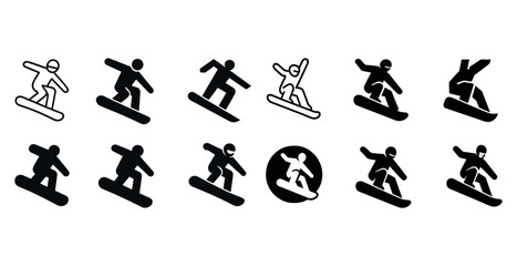 Fototapeta premium Snowboarding icon set: silhouettes and outlines of snowboarders in various poses