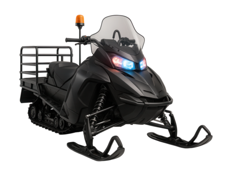 Snowmobile with rear cargo rack and bright emergency lights for rescue operations.