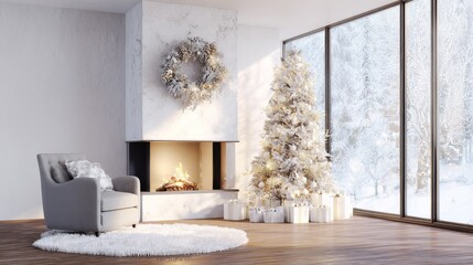 Naklejka premium Christmas tree with silver and gold decorations next to a fireplace in a living room, modern furniture, white carpet, wreath above, and presents under the tree.