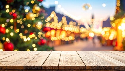 Empty rustic wooden tabletop with a blurred background of a festive Christmas market with glowing lights for product placement