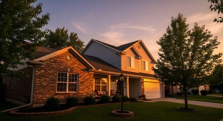 Suburban house bathed in warm golden hour light with a serene sky at sunset, showcasing a peaceful neighborhood scene