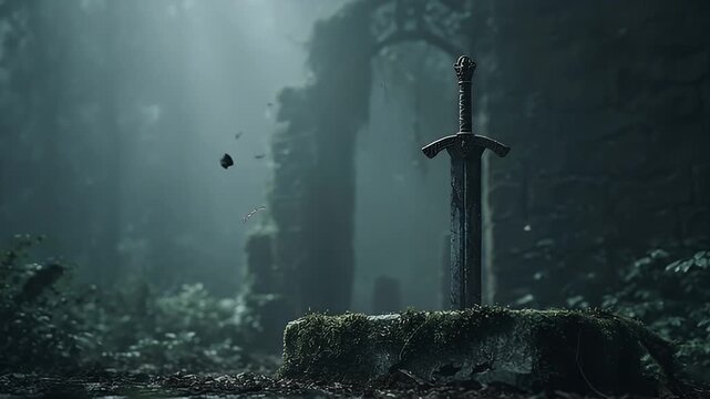 Ancient legendary sword in foggy ruins perfect movie props