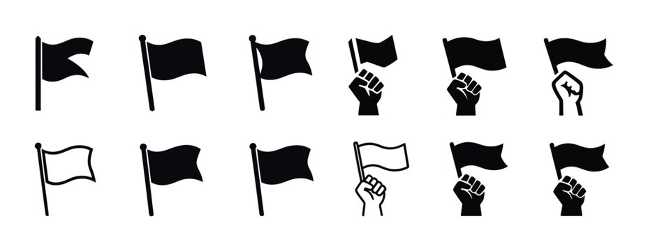 Set of black flag icons with hands holding banners