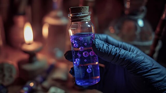 Hand in glove holding magic potion bottle movie props