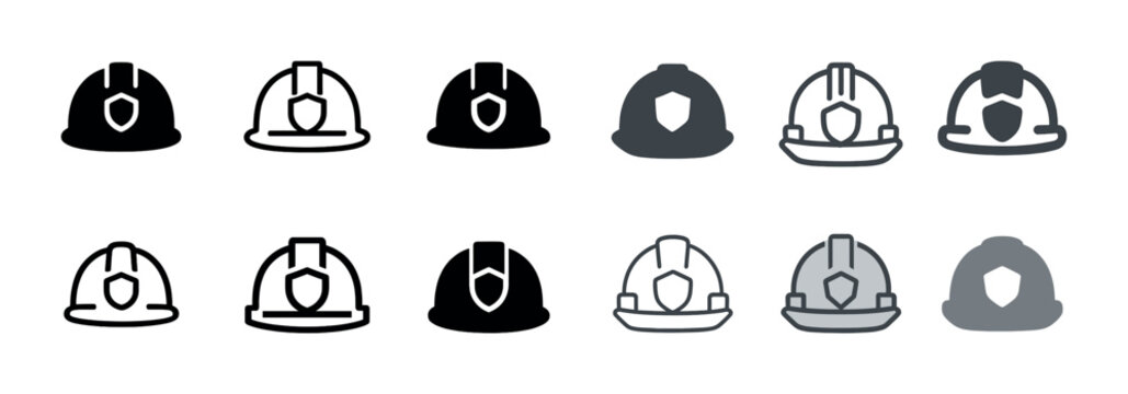 Set of twelve construction helmet icons in various styles and shades