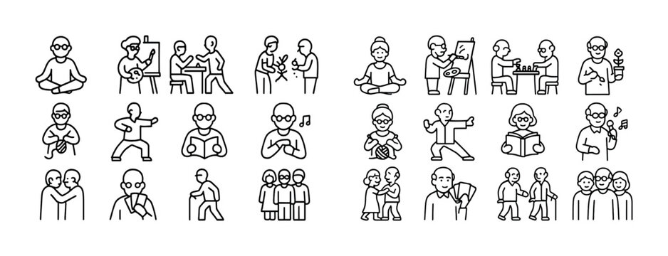 Line art illustration of diverse people engaging in various activities