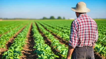 Farmer in straw hat observing rows of green crops in a vast agricultural field under a clear blue sky, rural landscape.
