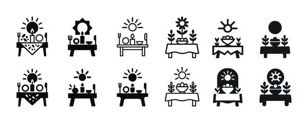 Obraz premium Collection of dining table icons with sun and decorative elements