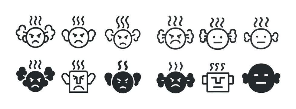 Set of angry and neutral face icons with various expressions and styles