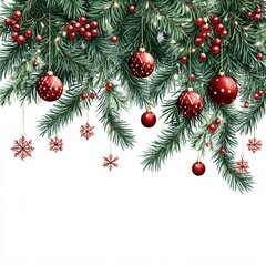 detailed christmas tree branches with hanging decor, white background