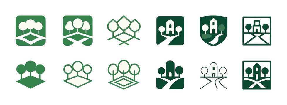 Green nature-themed tree and house logo designs in various geometric styles