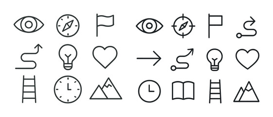 Naklejka premium Minimalist navigation and inspiration icons set: compass, map, heart, arrow, clock, ladder