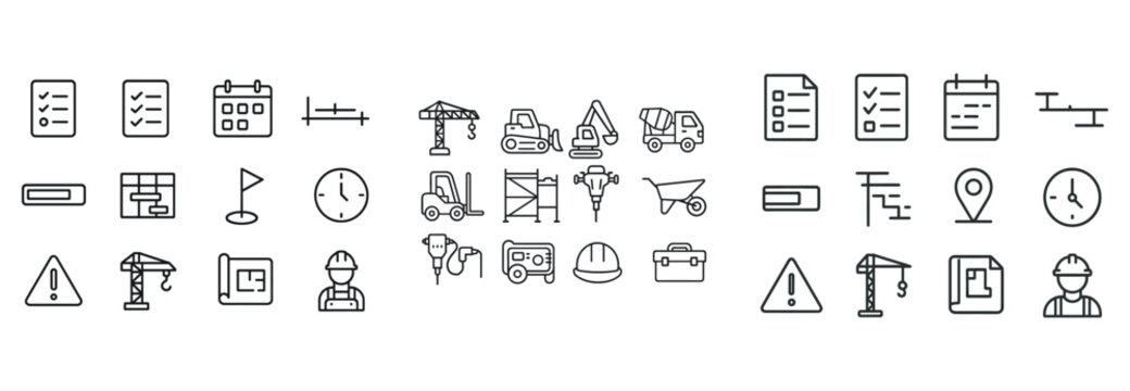 Construction and project management icons set: tools, equipment, and symbols collection