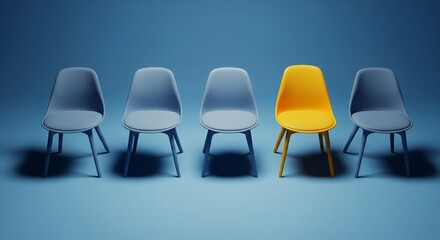 Obraz premium Unique yellow chair in a row of grey chairs on blue backdrop