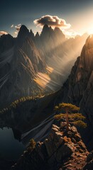 Dramatic Sunlight on Towering Mountains with Solitary Pine Tree