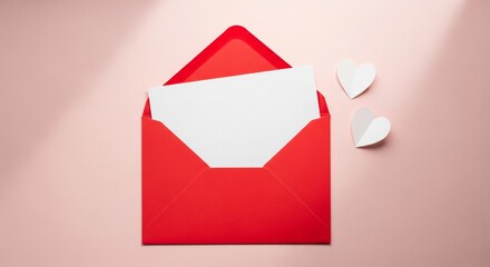 Red envelope with blank white card and paper hearts on pink