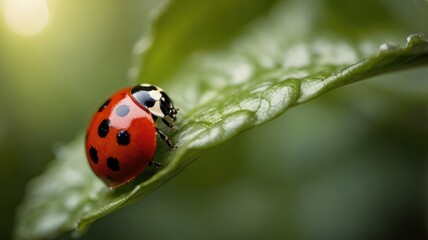 Obraz premium Ladybug Resting on a Textured Green Leaf in Soft Sunlight, Macro Shot