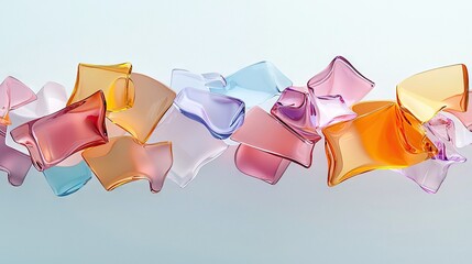 A collection of abstract, translucent geometric shapes in various pastel colors like pink, orange, yellow, blue, and purple, floating and overlapping against a