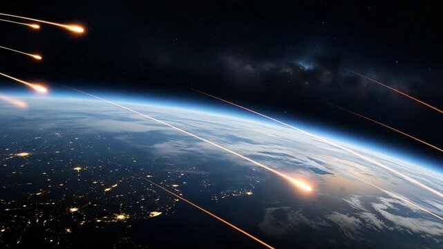 Reentry streaks illuminate earths atmosphere with city lights visible at night.