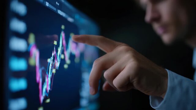 Trader analyzing stock market data and charts on a computer screen