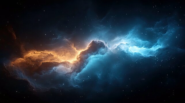A vast expanse of deep space featuring a vibrant nebula with swirling clouds of orange and blue gas, illuminated by distant stars.
