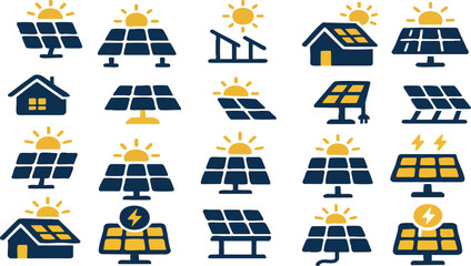 Fototapeta premium Solar Energy Icons: A collection of various icons depicting solar panels with a bright shining sun, showcasing the potential of renewable energy and sustainable living.