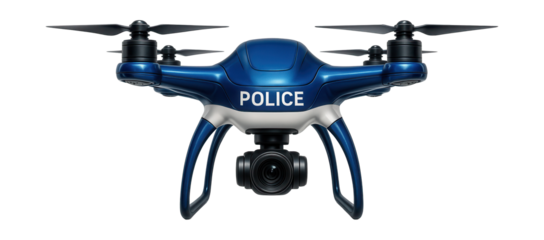 Police drone with blue and white design and four rotors.