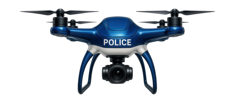 Police drone with blue and white design and four rotors.