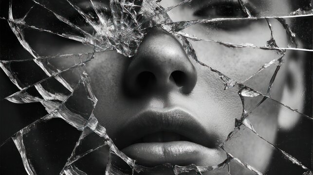 Woman's face partially obscured by fractured glass in grayscale, dramatic lighting, close-up