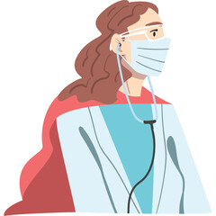 Illustration Of A Female Doctor Wearing A Face Mask And Stethoscope With A Red Cape Symbolizing Protection And Care Against Illness Against A Transparent Background