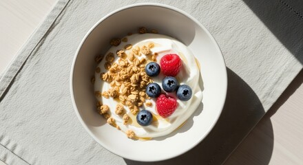 Healthy Breakfast Bowl with Yogurt, Granola, Blueberries, Raspberries, and Honey