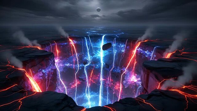 Dramatic abstract scene of volcanic rift with glowing lava and surreal landscape
