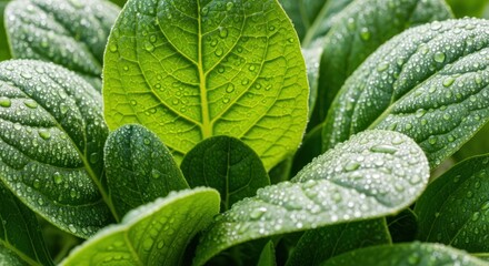 Vibrant Green Foliage Covered in Morning Dew Water Drops