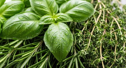 Fresh Basil, Rosemary, and Thyme Herbs with Dewdrops Close up