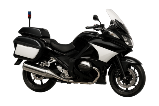 Black and white police motorcycle featuring a rear storage compartment.