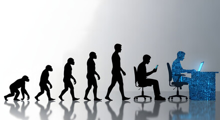 Human Evolution to Digital Technology Era Concept - Silhouette of Ape Evolving into Cybernetic Office Worker
