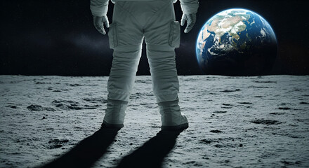 A lone astronaut standing on the lunar surface gazing at planet Earth in deep space; space exploration and the future of humanity