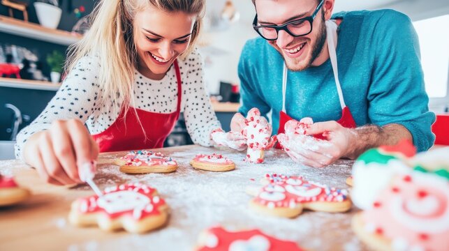 Joyful young couple baking and decorating sweet cookies at home in a bright kitchen - Powered by Adobe