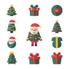 Festive Christmas Icons Santa Trees Gifts and Wreath.