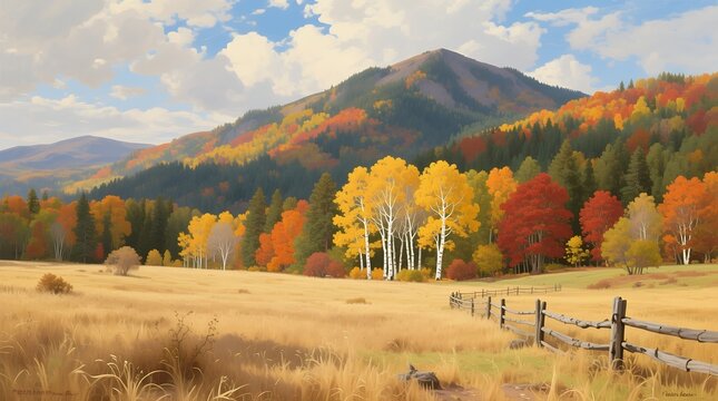 Vibrant autumn landscape with colorful trees and rolling hills under a bright sky