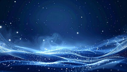 Dynamic Blue Digital Waves Background Featuring Sparkling Particles and Ethereal Light, ideal for Futuristic Technology, Science, and Abstract Design Concepts