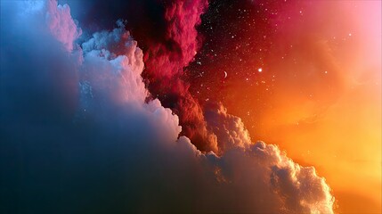 A surreal depiction of swirling clouds in deep blues and fiery oranges, with a starry sky and a crescent moon.