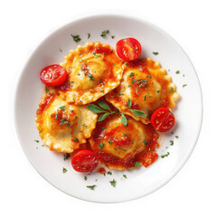 Tasty appetizing Ravioli with tomato sauce on white bowl, top view on white background
