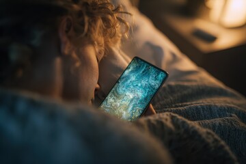 A serene composition featuring a smartphone with a soothing abstract display, bathed in warm, soft lighting, alongside a tranquil silhouette of a person in deep relaxation