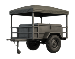 Sturdy field kitchen trailer with a reinforced frame and removable canopy.