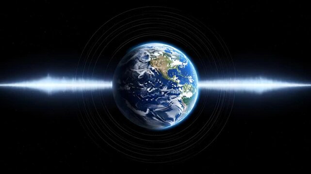 Earth surrounded by sound waves and concentric circles against a starry night sky