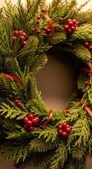 Festive Christmas Wreath with Lush Green Evergreen Foliage and Bright Red Berries