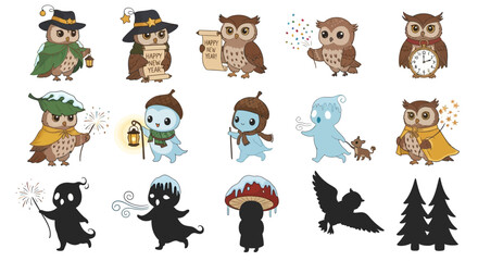 Whimsical illustration set featuring various cartoon owls, magical winter sprites, and fantasy silhouettes, including a mushroom and pine trees.