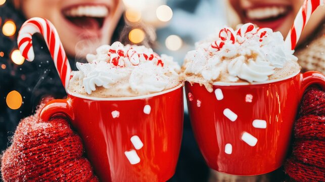 Happy people holding festive hot chocolate with whipped cream and candy canes in red mugs. Cozy winter drinks concept.