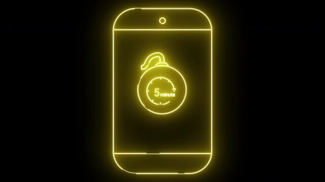 Yellow neon phone outlines a bomb icon with a 5 minute timer set against a black backdrop
